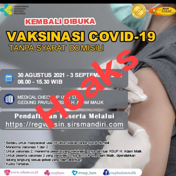 Hoaks, Vaksinasi 30 Agustus-3 September 2021 di RSUP HAM