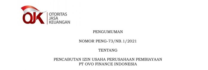 OJK Cabut Izin Usaha PT OVO Finance