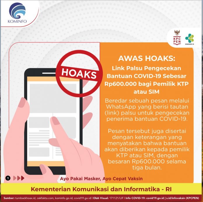 Awas Hoaks ! Pemilik KTP atau SIM Terima Bantuan COVID-19 Sebesar Rp600.000 