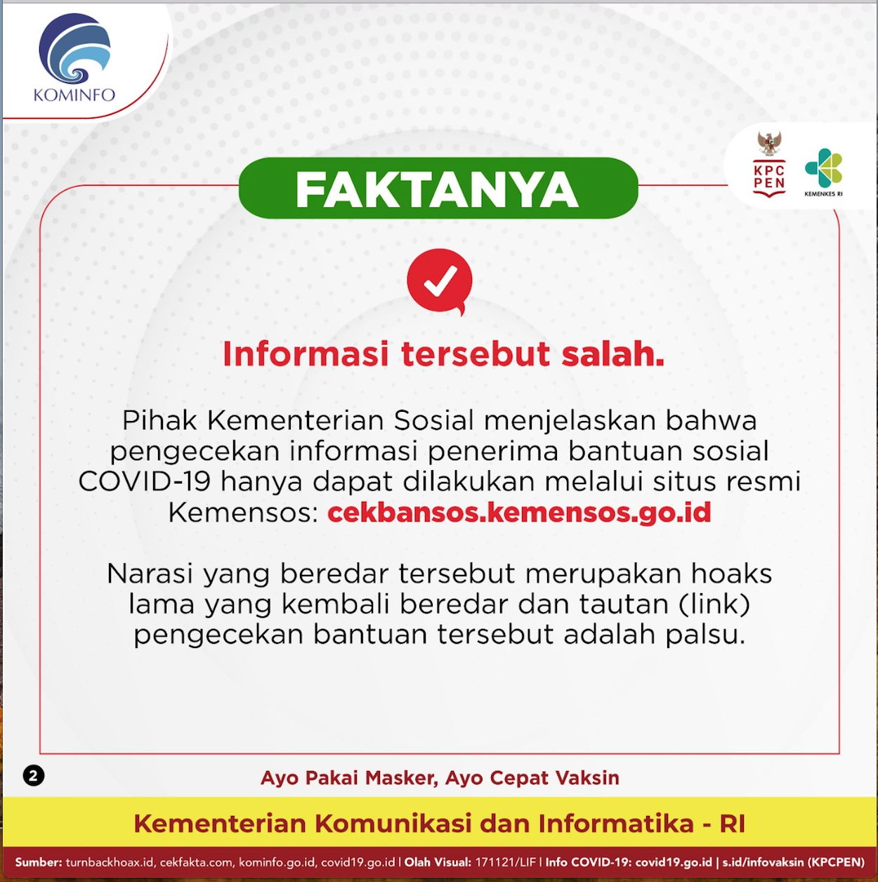 Awas Hoaks ! Pemilik KTP atau SIM Terima Bantuan COVID-19 Sebesar Rp600.000 